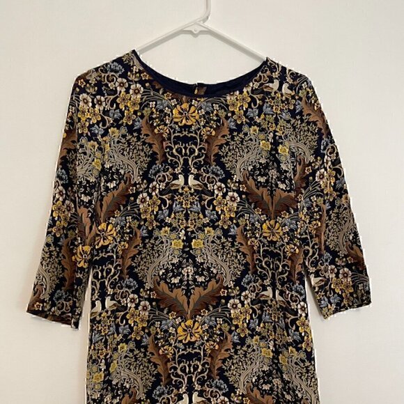 CLUB MONACO Navy Blue Tan Floral Brocade Animal Bird 3/4 Sleeve Mini Shift Dress - Picture 4 of 13